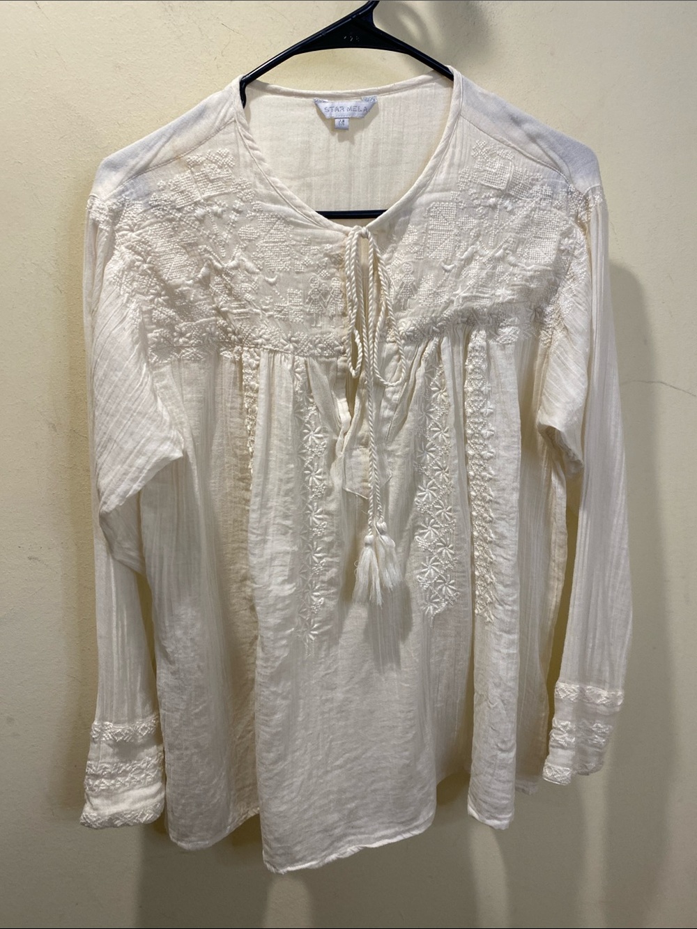 Star Mela Cream Embroidered 100% cotton tassel   Tunic Top sz M